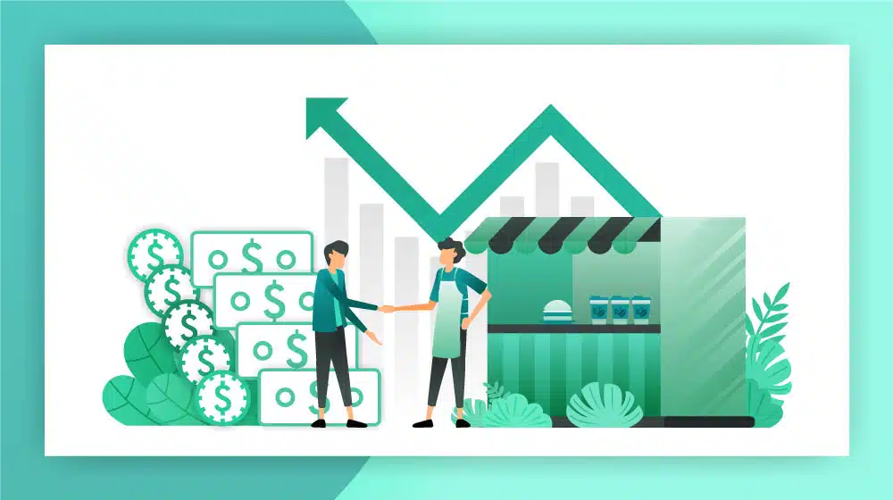 Illustration of small business owner receiving funding with upward financial growth